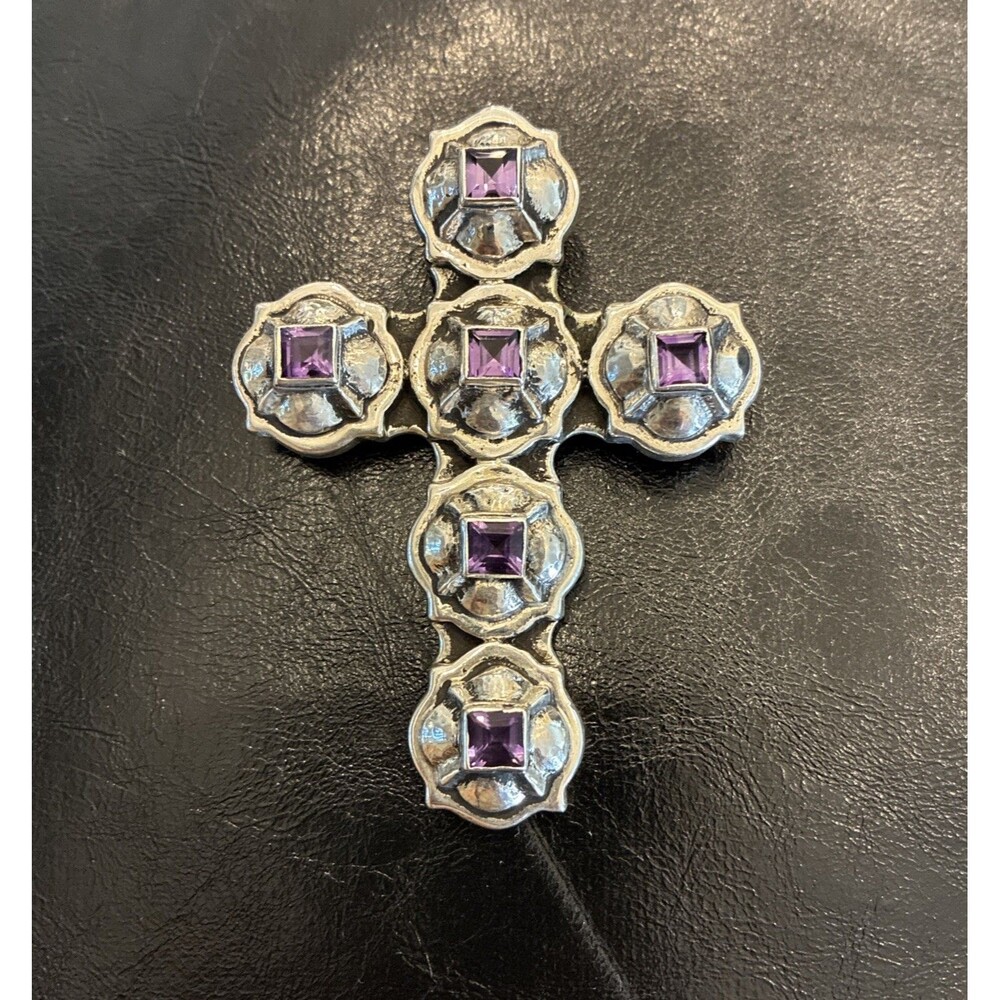 Dian Malouf DLM 3” Cross Enhancer Pendant Brooch Amethysts 925 Silver Signed
